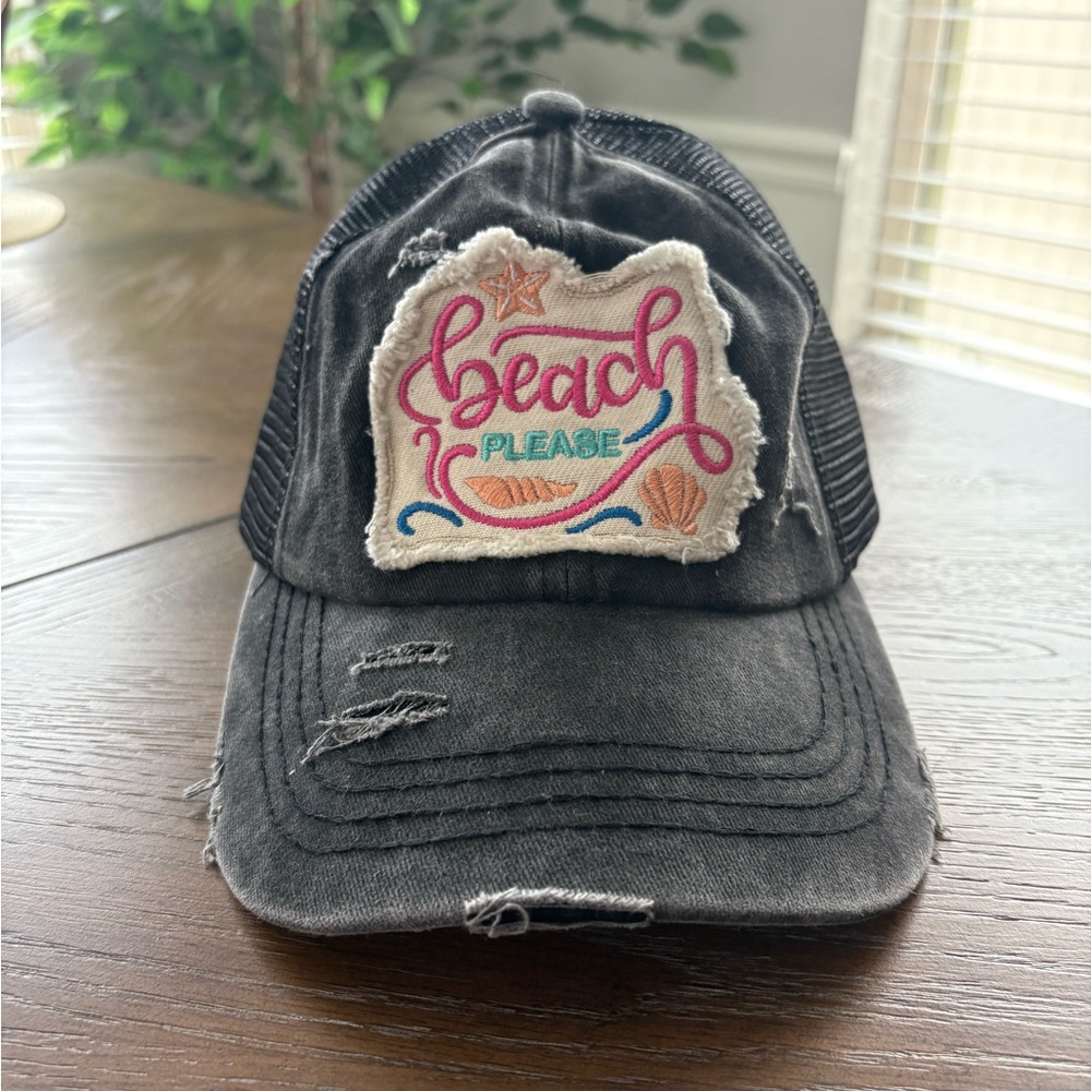 Women’s Ponytail Baseball Distressed Embroidered Patch Mesh Cap hat